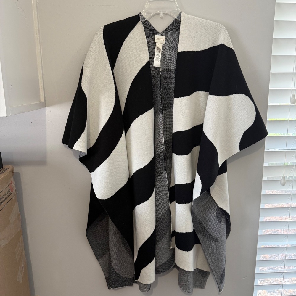 Chicos Womens Black White Zebra Stripe Poncho Wrap 100% Cotton Knit OS
